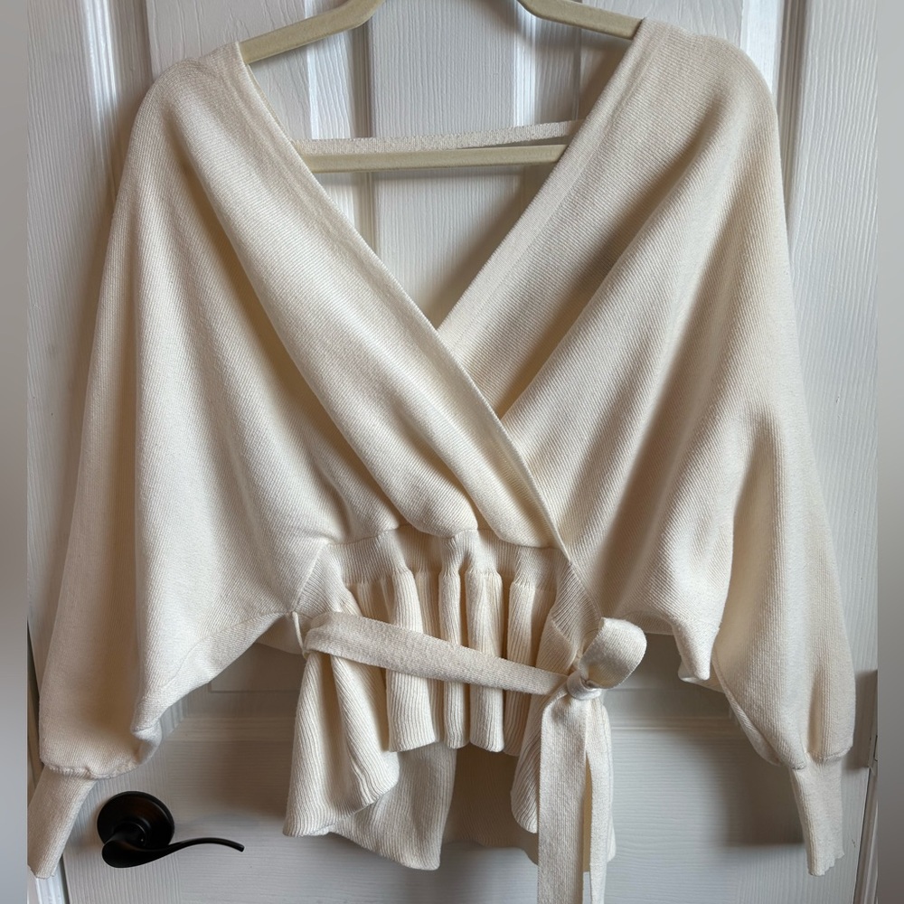 Love University Cream Double V-neck Tie-Waist Sweater, Size Small